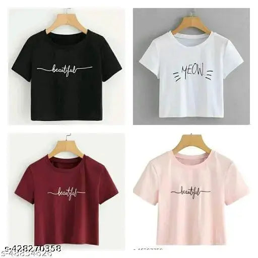 Printed cotton blend round neck short sleeves crop t-shirts (pack of 4) - vibrant, lightweight, and comfortable for spring/summer wear in various sizes: S(34), M(36), L(38), XL(40)