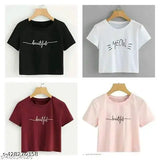 Printed cotton blend round neck short sleeves crop t-shirts (pack of 4) - vibrant, lightweight, and comfortable for spring/summer wear in various sizes: S(34), M(36), L(38), XL(40)