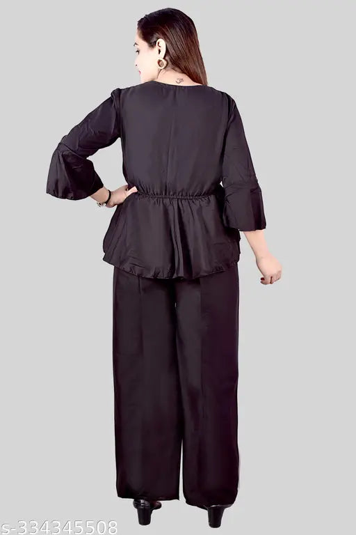 Black crepe women's top & bottom set, three-quarter sleeves, India-made elevated everyday wear