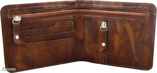 Attractive brown leatherette bi-fold men's wallet with card and money organizer, featuring 4 slots, chain pocket, flip ID, secret slots, and currency compartments