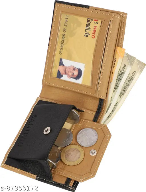 Brown PU bi-fold wallet with 9 card slots, 2 currency pockets, secret compartments, coin pocket, & transparent ID window - ideal for men's essentials organization on various occasions, like Diwali, Birthday, Puja, Dhanteras, Wedding, Anniversary gifts. Inside zippered compartment and soft polyester lining ensure durability and style. Made in India