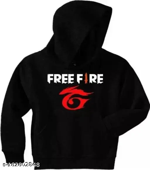 Black cotton hoodie with Free Fire print for kids, unisex design, perfect for winter outings