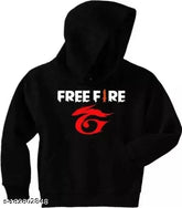 Black cotton hoodie with Free Fire print for kids, unisex design, perfect for winter outings