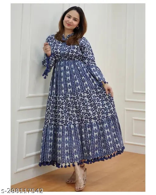 Rayon Anarkali Mandarin Neck Dress, indigo print with pom poms, full-length, women's fashion, festive look