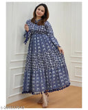 Rayon Anarkali Mandarin Neck Dress, indigo print with pom poms, full-length, women's fashion, festive look