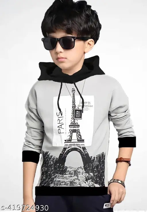 Grey cotton blend kids' printed hoodie, ideal for 4-15 years western wear