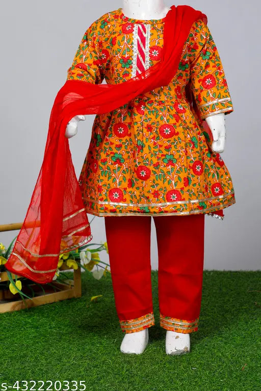 Cotton flower print Anarkali kurti set with dupatta for baby girls, Indian partywear ethic wear