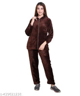 Wool winter casual full sleeve breathable zipper nightsuit in solid colors, ideal for girls and women relaxing at home. Made in India