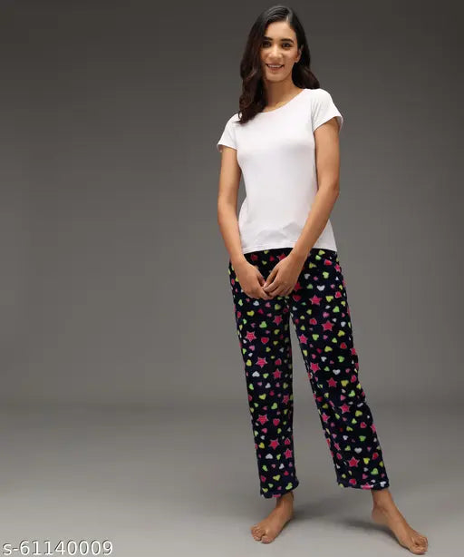 Women's winter woolen blend fleece fur core velvet printed night pyjama suit track pant (M,L,XL,2XL), vibrant color and soft warmth