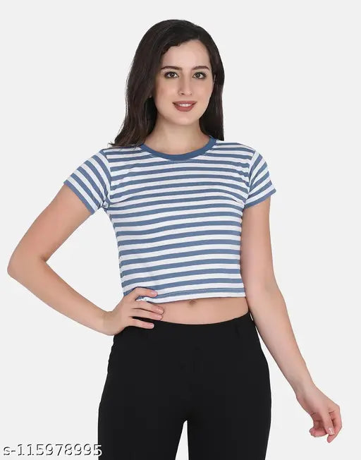 Striped cotton blend crop top t-shirt, trendy Western wear for women