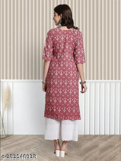 Women's printed straight crepe kurti, A-line 44" length with 3/4 sleeve, casual and formal occasion, 2 pieces included, choose size two inches more than body measurement