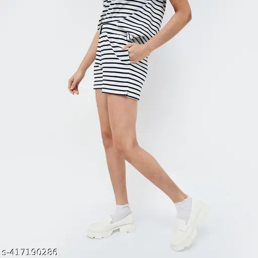 White and black striped cotton blend women's night suit, designed for comfort and style during sleep