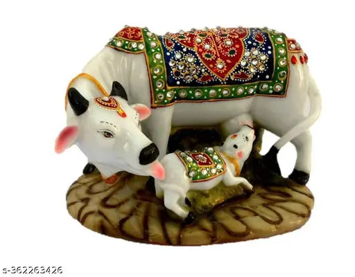 Marble Dust(Resin) cow and calf sculpture with decorative diamond, handcrafted home decor figurine - Indian-made, 5 inch high