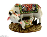 Marble Dust(Resin) cow and calf sculpture with decorative diamond, handcrafted home decor figurine - Indian-made, 5 inch high