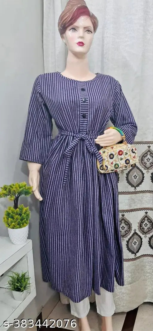 Purple woolen kurti with striped pattern for winter wear, 3/4 sleeves and casual or formal occasions