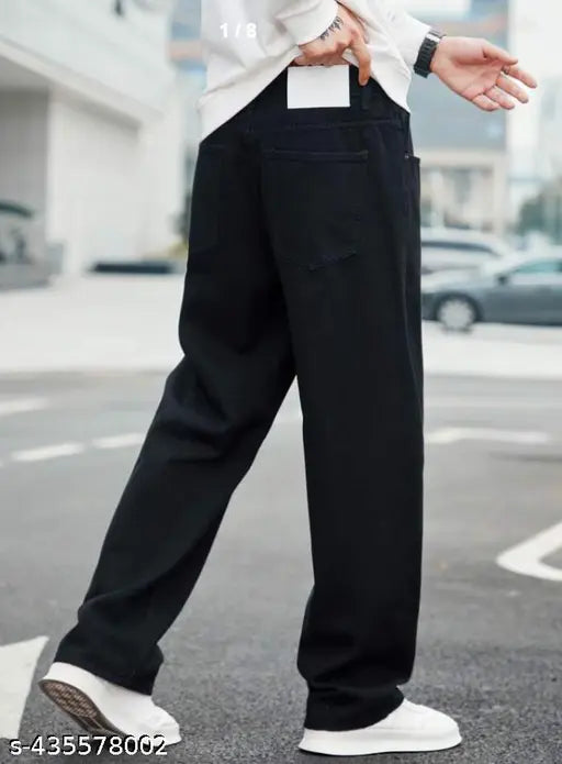 Men's black cotton blend baggy loose fit jean, solid net, modern style and luxury comfort