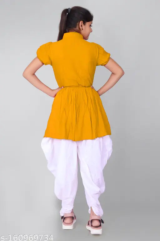 Yellow crepe dhoti Kurta sets for girls, solid pattern A-line top with short sleeves, sizes range from 4-5 to 15-16 years, India origin