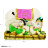 Resin Kamdhenu statue: Hindu God Krishna & Cow Gau Mata for gifting (4x3 inches), studded with precious stones