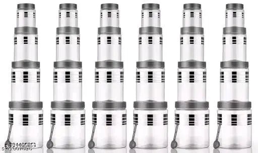 Silver clear, BPA-free line printed storage containers with 1200ml, 650ml, 350ml, 250ml each, ideal for dry fruits. Airtight and stackable, perfect for pantry organization
