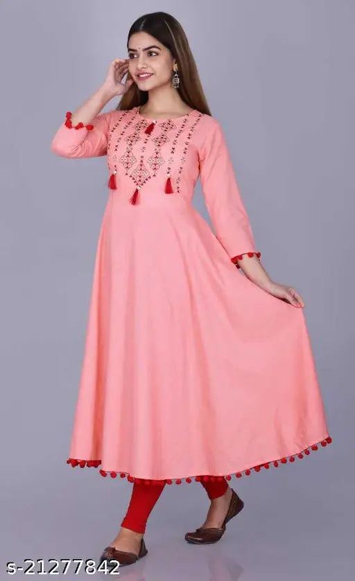 Rayon embroidered straight kurti, three-quarter sleeves, trendy Indian fashion