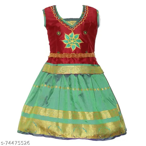 Cotton Silk Shenba Pattu Lehenga Choli with waist belt for kids, embellished with zari stitch, suitable for festivals and parties, Indian origin