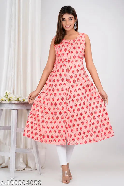 Printed rayon sleeveless Anarkali kurti, vibrant Indian fashion wear