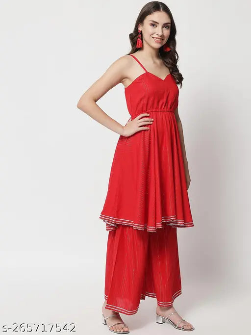 Red Rayon dupatta set for women's wear, IkDaiya Women's Wear in solid red, sleeveless and stitched net