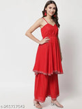 Red Rayon dupatta set for women's wear, IkDaiya Women's Wear in solid red, sleeveless and stitched net