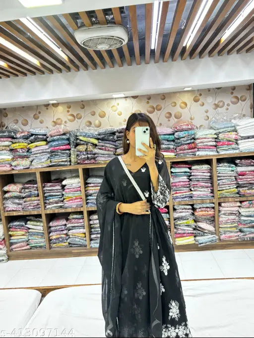 Embroidered Georgette Anarkali Gown with dupatta, Indian women's evening dress in long sleeves