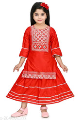 Embellished rayon straight kurta set with above knee length and three-quarter sleeves for kids aged 3-10. Indian traditional attire without dupatta on display