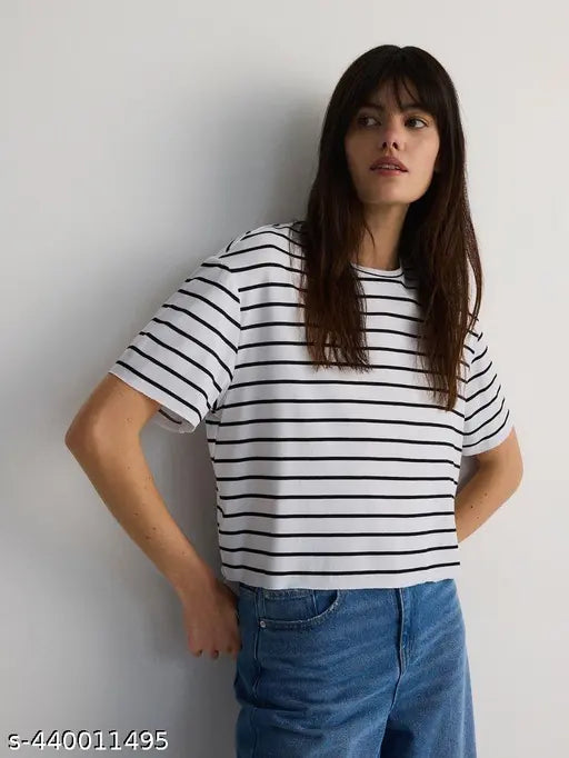 Chic striped cotton crop top t-shirt for women and girls, all seasons, eco-friendly, high quality