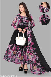 Georgette A-line printed women's Kurta set with Duppatta, long sleeves, vibrant Indian print for S to 5XL sizes