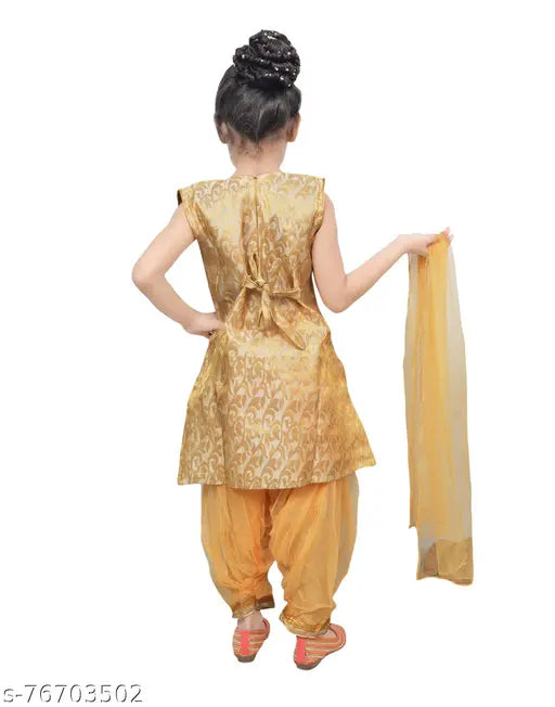 Fawn beige embroidered Patiala suit for girls, cotton blend material, festive party wear with dupatta, knee-length anarkali top and palazzo bottoms, size 3-4 years