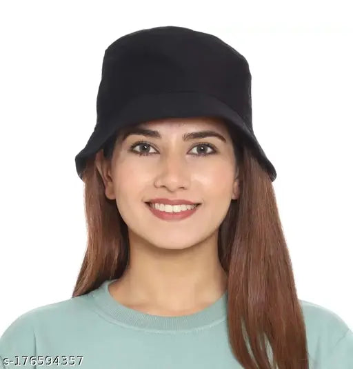Black solid bucket cap, unisex trendy hat from India