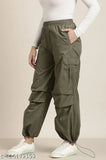 Olive green women's/girls loose cargo trousers, high-waisted design with side pockets, comfortable polyester fabric
