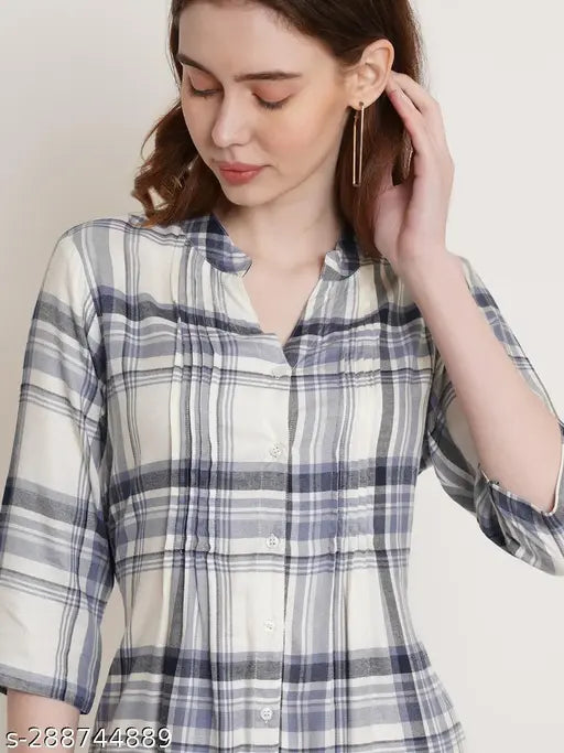 Off-white and blue rayon checkered tunic for women, three-quarter sleeves, pleats detailing, side belts, raised mandarin collar, India origin