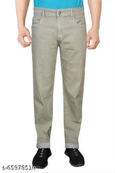 Black men's straight beige cotton jeans, solid pattern, regular fit, stretchable, waist size 28-48in, length size 42in
