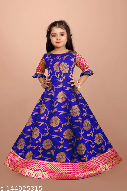 Royal Blue Design Partywear Jacquard Gown on model, silk fabric with diamond butti work, ideal for events & celebrations