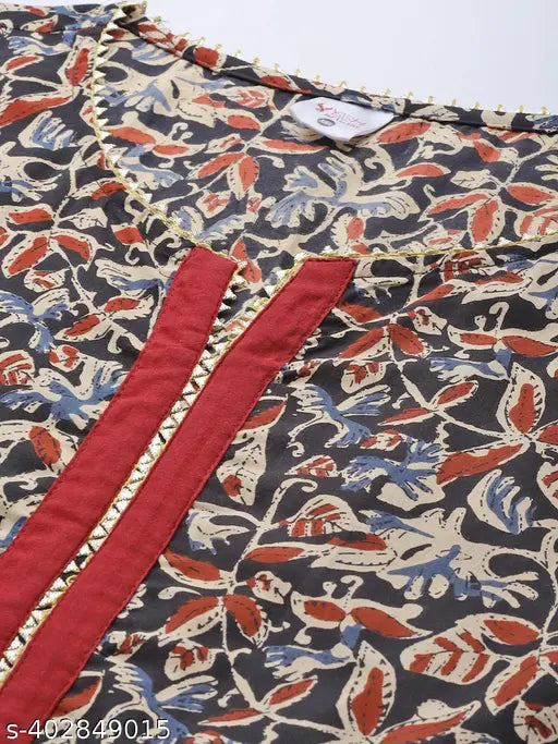 Brown cotton women's ethnic motif notch kurti with printed combo, three-quarter sleeves, and Gota lace. India origin