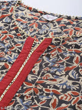 Brown cotton women's ethnic motif notch kurti with printed combo, three-quarter sleeves, and Gota lace. India origin