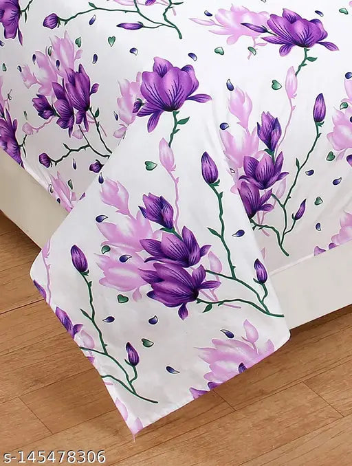 Purple Badam 3D polycotton double flat sheets with floral pattern, 140 thread count for AC room use, ideal for adult bedding by BLUEDOT