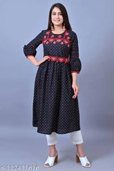 Black cotton embroidered empire kurta with belt, three-quarter sleeves, printed design, S (35in bust), M (37in bust), L (39in bust), XL (42in bust), XXL (45in bust). Exquisite Indian designer black kurti for outings or festive wear featuring embroidered yoke and belt with tassels