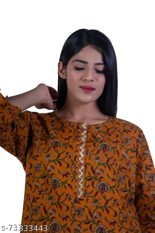 Mustard yellow cotton botanical printed women's pyjama set & mask, comfortable for dreamy nights