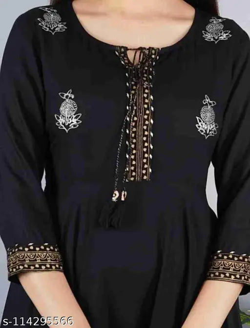 Black rayon anarkali kurta 42, embroidered with golden thread, perfect for formal events or weddings