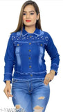 Blue denim jacket, trendy & fashionable for women, solid pattern, long sleeves, size S (34in bust, 21in length)