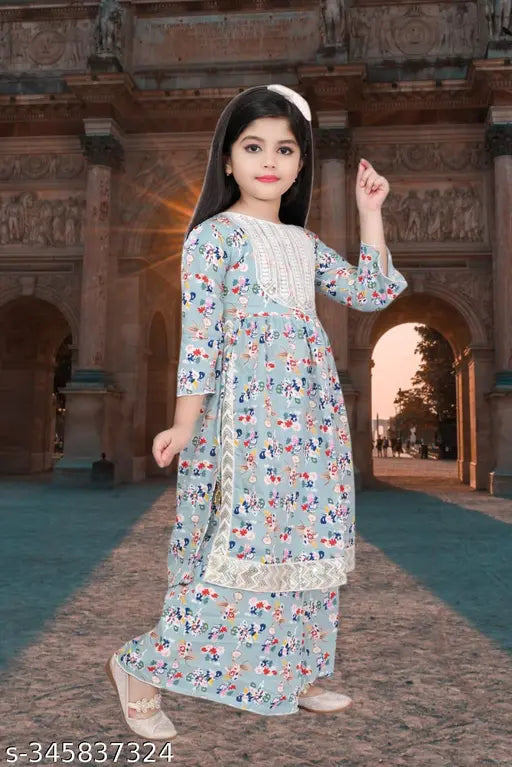 modern girls cotton blend kurta&palazoo set, A-line sharara style with printed pattern, knee-length, three-quarter sleeves for kids aged 4-12 years