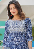 Navy blue chikankari print cotton kurti with Palazzos, 3/4th sleeve - India-made women's fashion