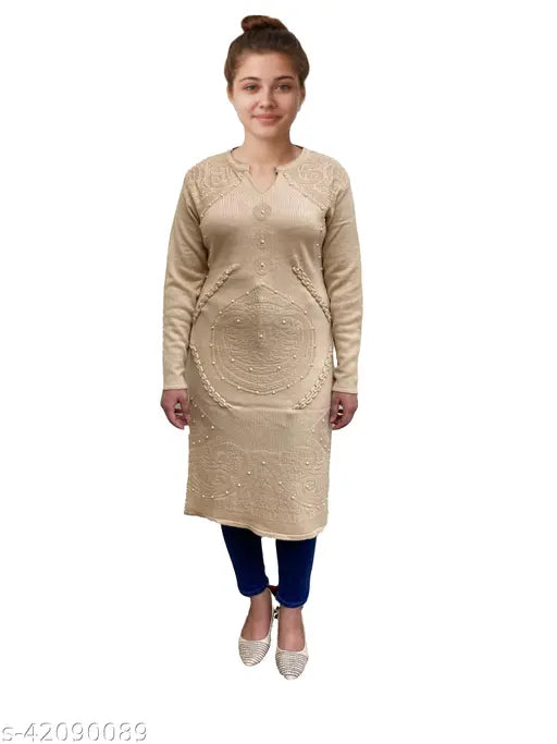 Beige wool A-line solid kurti for women, long sleeves, single pattern, XL size (bust 42", length 44") - handcrafted Indian womenswear