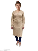 Beige wool A-line solid kurti for women, long sleeves, single pattern, XL size (bust 42", length 44") - handcrafted Indian womenswear