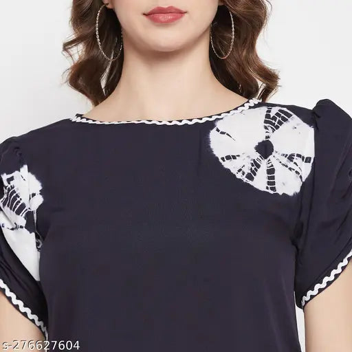 Tie-dye rayon women's tunic tops, short sleeves, puff sleeves & lace detail, perfect for summer, India origin